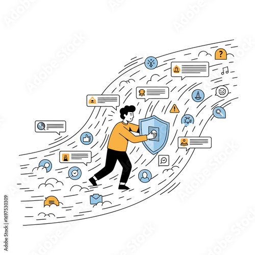 A person navigates a challenging path while protecting themselves with a shield, surrounded by various obstacles and challenges.