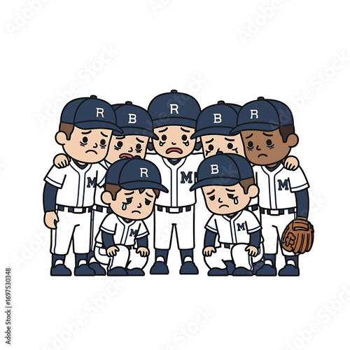 A group of sad baseball players huddled together, showing disappointment and loss.