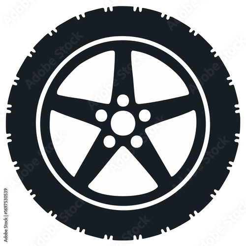 Black car wheel with five spokes in a clean graphic design