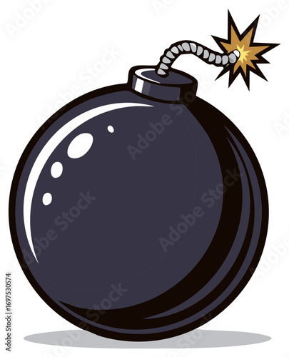 Illustration of a classic black round bomb with a lit and sparking fuse ready to detonate