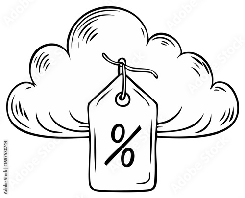 Cloud Hosting with Percentage Discount, Hand Drawn Sale Badge, Digital Cloud Service Deal, Outlined Special Price, Cloud Computing Special