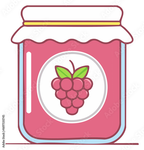 Pink raspberry jam in a glass jar with fruit label vector illustration