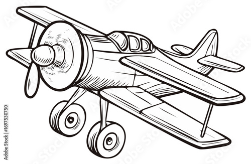 Vintage airplane illustration, black and white drawing, toy style