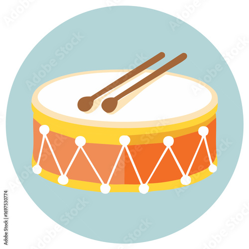 Colorful Drum Instrument with Drumsticks on a Blue Circle Background