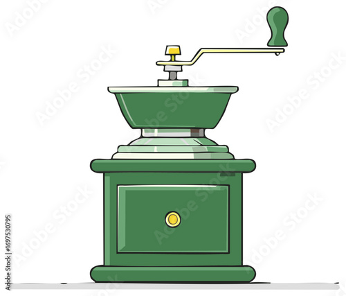 Vintage coffee grinder with a crank handle, a traditional manual tool to grind coffee beans.