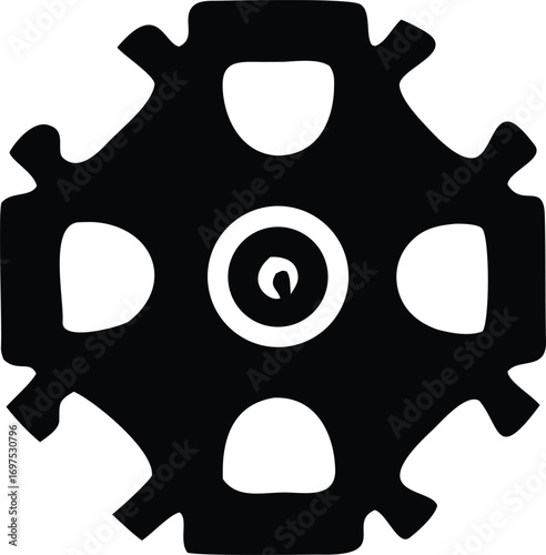 Abstract black gear symbol featuring circular inner design and cogwheel spokes representing industry and mechanical concepts