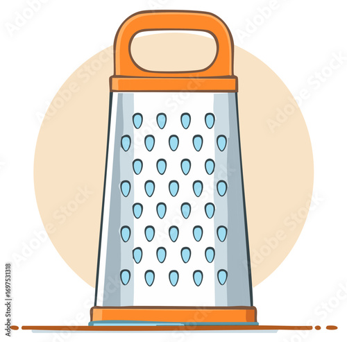 Orange handled metal grater with light blue holes on a beige circle backdrop