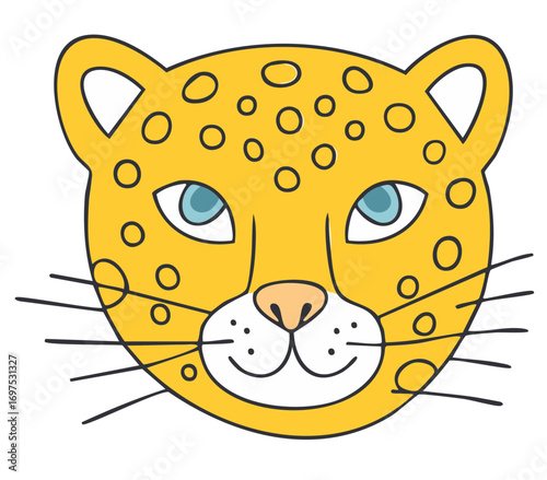 Stylized cartoon illustration of a happy leopard face with a yellow spotted fur, whiskers and blue eyes.