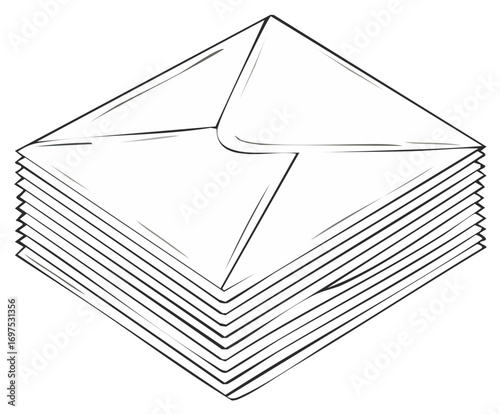 Outline illustration of a stack of multiple white paper envelopes for mail and communication concepts