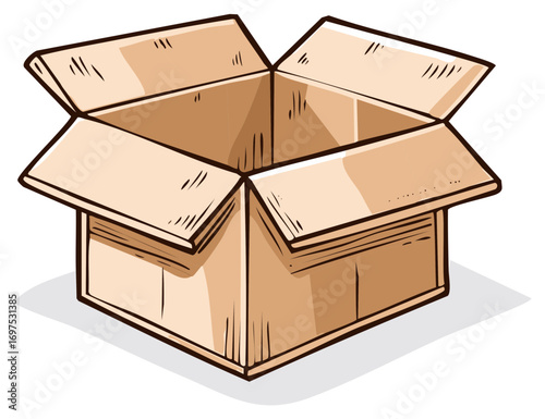 Open cardboard box illustration. Paperboard container with flaps open for packaging or storage.