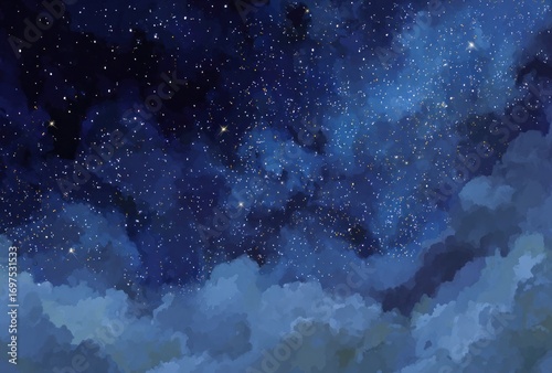 Painted night sky showing fluffy clouds in darker hues, with bright golden stars shining through and surrounding the darker blue cloudy sky