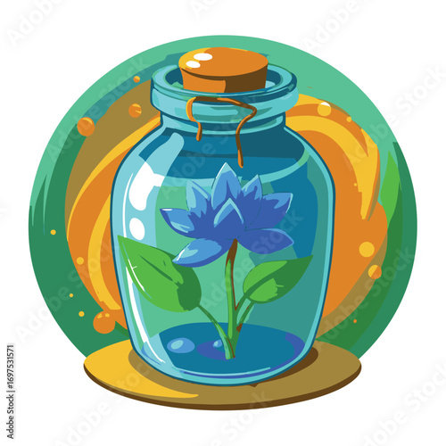 A vibrant blue lotus flower preserved in a glass jar, symbolizing natures delicate beauty and tranquil essence