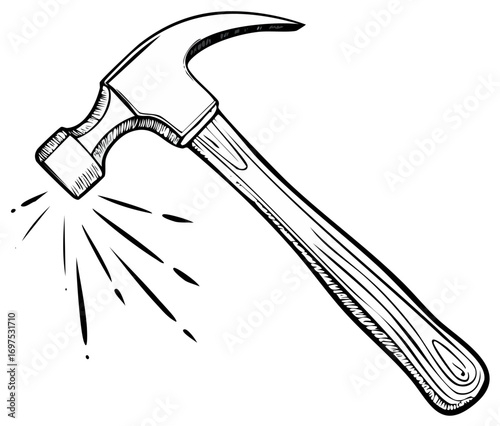 Hand drawn hammer striking with bold lines and wood grain detailing.