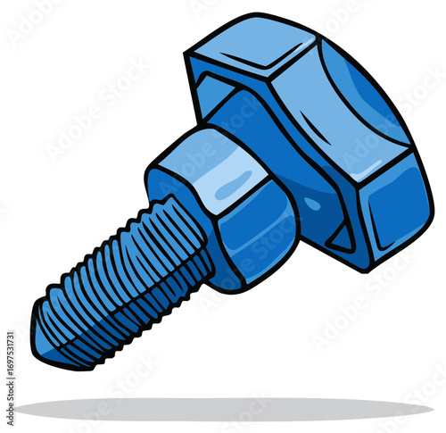 Illustration of a blue colored bolt fastener with nut metal hardware engineering repair fixing component on white