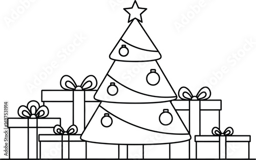 Festive Christmas tree adorned with ornaments and surrounded by wrapped gifts