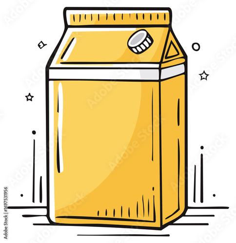 Hand Drawn Yellow Carton Beverage Container with Cap and Sparkle Accents