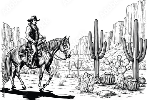 Vintage Cowboy in Desert with Cactus and Distant Cliffs