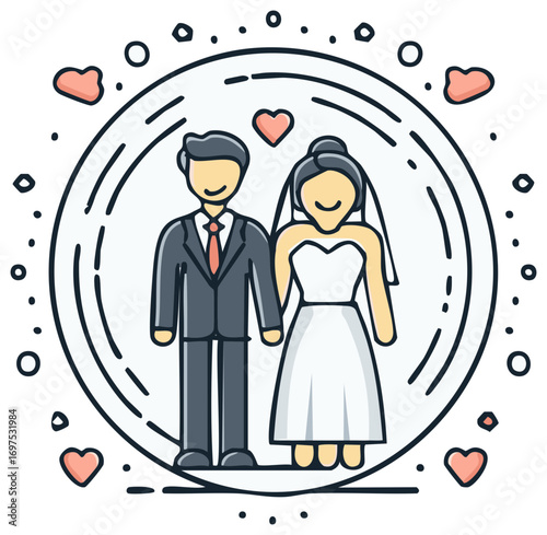 Newlywed Couple Celebration Icon Illustration. Hearts and Decorative Elements Surround Bride and Groom