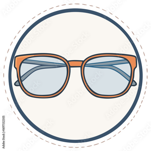 Orange-framed Eyeglasses with blue lenses, inside a circle with decorative border.