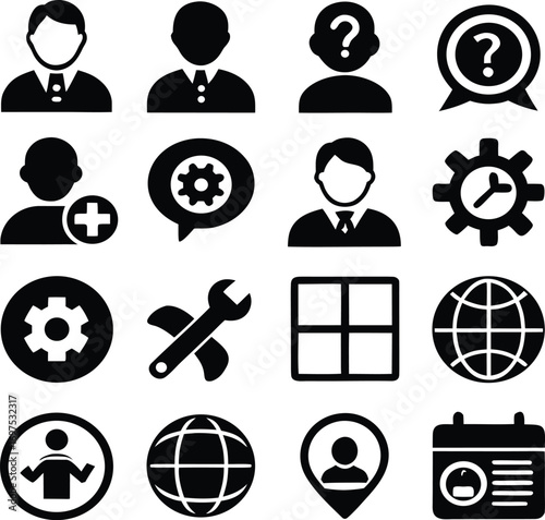Collection of 16 universal interface icons representing user profiles settings tools and global connections for web and app design