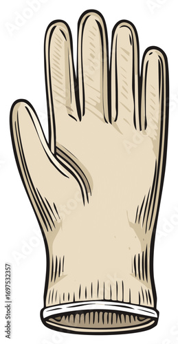 Illustration of a hand wearing a protective latex glove, showing fingers and thumb spread