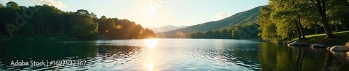 Serene Lakeside Tranquility Sparkling Water Reflects Sunny Sky, Ideal for Relaxation and Peaceful Escape