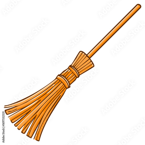 Simple cartoon illustration of an orange witch's broomstick for Halloween and cleaning