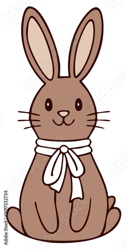 Cartoon illustration of a charming brown rabbit adorned with a pristine white bow, creating a cute Easter or springtime scene.