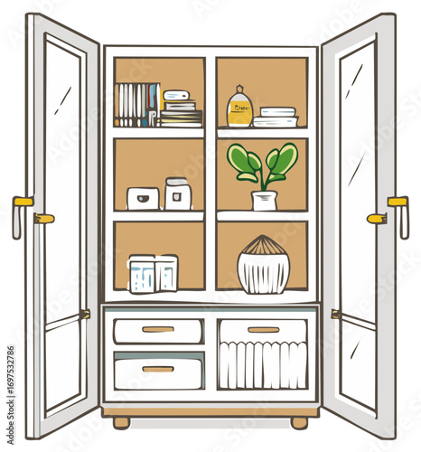Neatly organized open cabinet with books, plant, and household items on shelves and in drawers