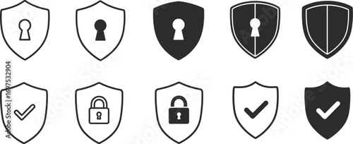 Collection of shield icons representing security, protection, and verification