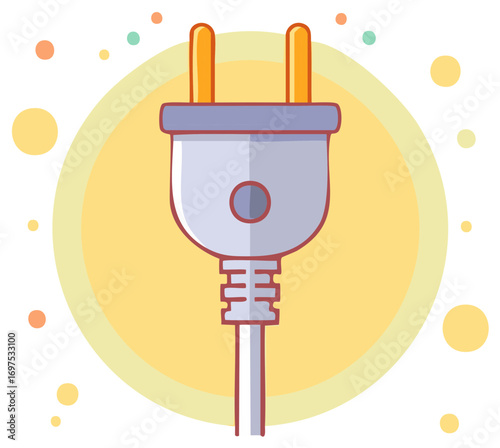 Cartoon Electrical Plug with Orange Prongs Surrounded by Yellow and Pastel Circles
