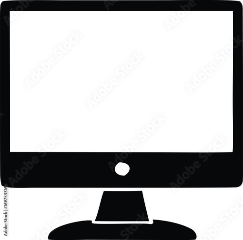 Simple black and white icon of a modern computer monitor with a blank screen and stand representing technology and digital displays