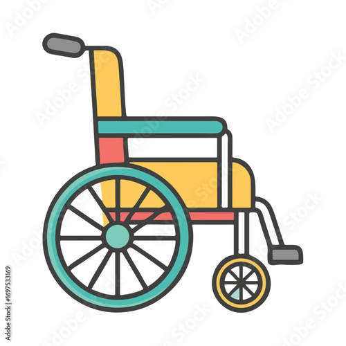 Colorful illustration of a wheelchair, symbolizing mobility, disability, and healthcare assistance, isolated on white background