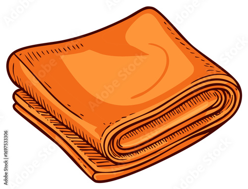 Neatly folded orange towel or fabric blanket vector illustration with hand drawn sketch style