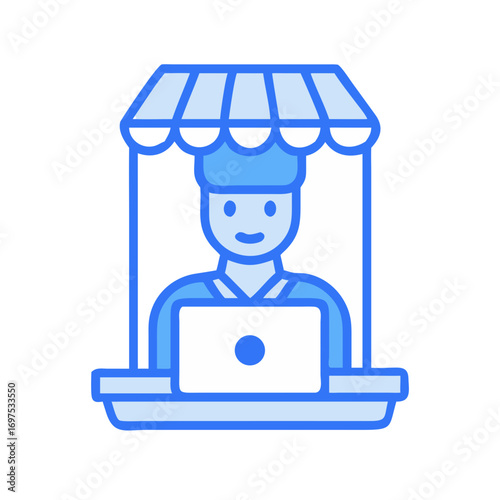 Blue and White Market Stand Flat Vector Illustration