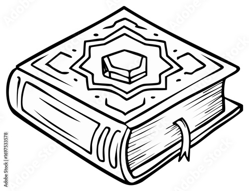Ornate Ancient Tome with Bookmark Mystical Fantasy Line Art Illustration