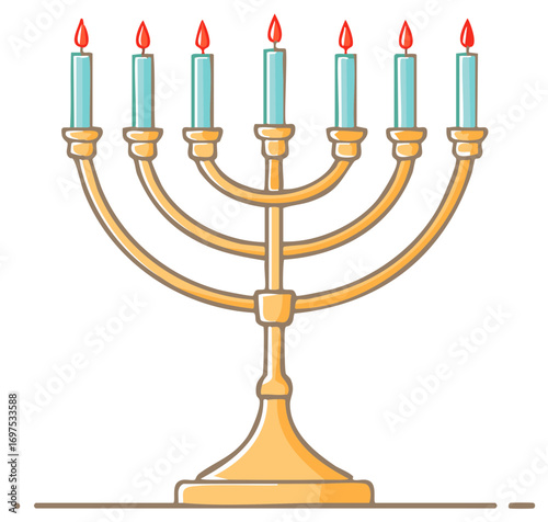 Festive Jewish menorah with seven lit candles for religious holiday celebration