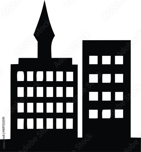 Silhouetted city skyline with a prominent building featuring a pointed spire and a taller rectangular skyscraper creating a modern urban architectural scene