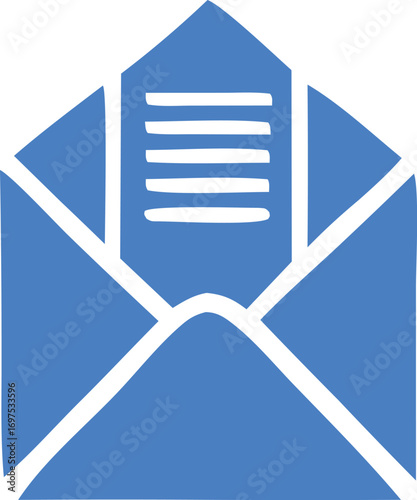 Blue open envelope icon with white lines of text message communication digital mail sending receiving information data
