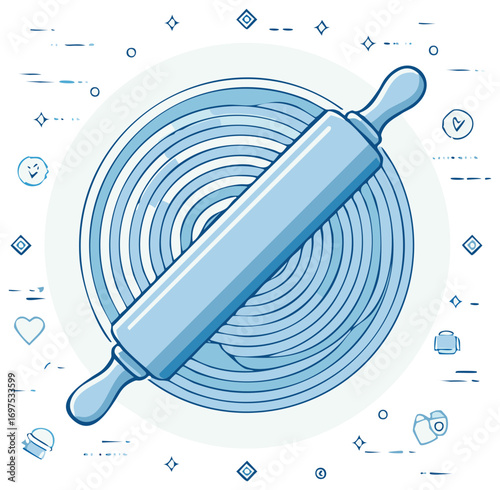 Rolling Pin on Round Dough. Cooking and Baking Illustration. Pastry Tools, Kitchenware.