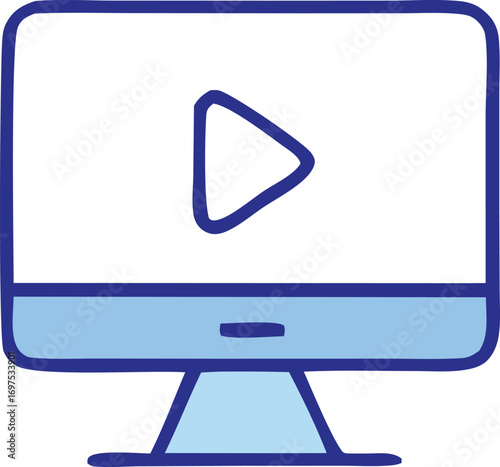 Simple modern flat computer monitor screen displaying a blue play button icon for video playback and media streaming on a clean background