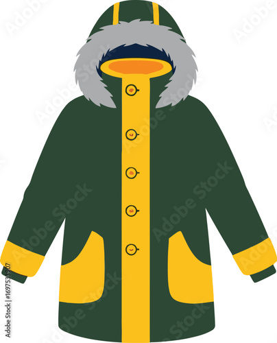Warm green winter parka with yellow accents and fur-lined hood