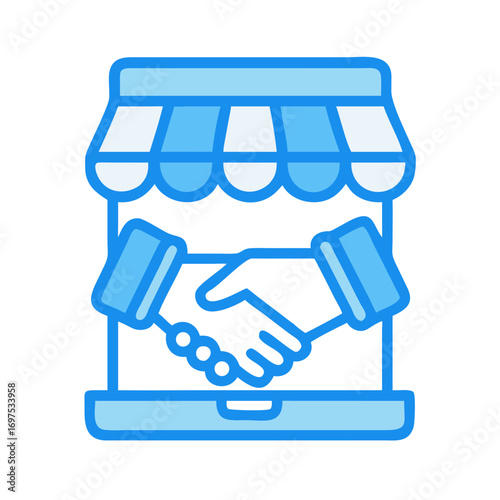 Online marketplace partnership: digital shop with handshake icon graphic