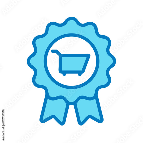 Light blue shopping cart icon inside award ribbon badge