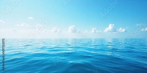 Serene, still ocean surface at sea level, undisturbed by wind or waves; reflecting a clear, calm sky Perfect for backgrounds or travel themes , reflection, level