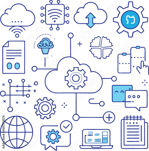 Digital transformation and cloud computing technology icons for modern business solutions and network services featuring data management and connectivity concepts