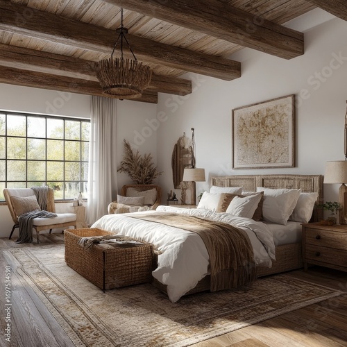French country interior design of modern bedroom, Generative AI