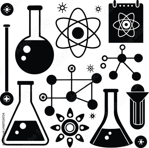 Collection of scientific icons symbolizing chemistry biology physics and research with beakers atoms molecules and a calendar for educational and laboratory themes