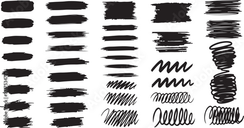 A collection of hand-drawn vector brush strokes and scribble elements.