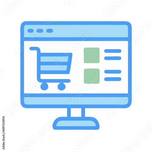 Online shopping cart on computer monitor screen icon graphic